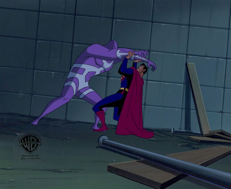 Superman The Animated Series Original Production Cel on Original Background With Matching Drawing: Superman, Parasite