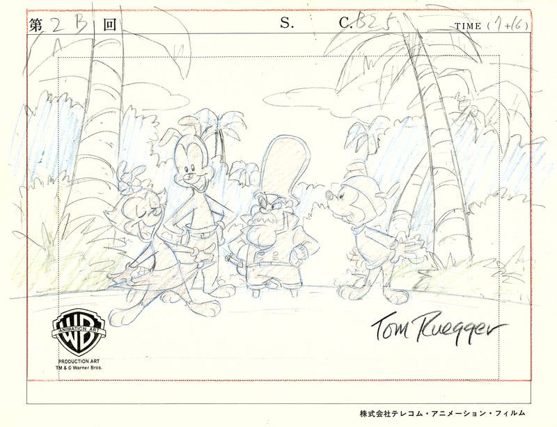 Animaniacs Original Production Layout Drawing Signed by Tom Ruegger: Wakko, Yakko, Dot, Captain Mel