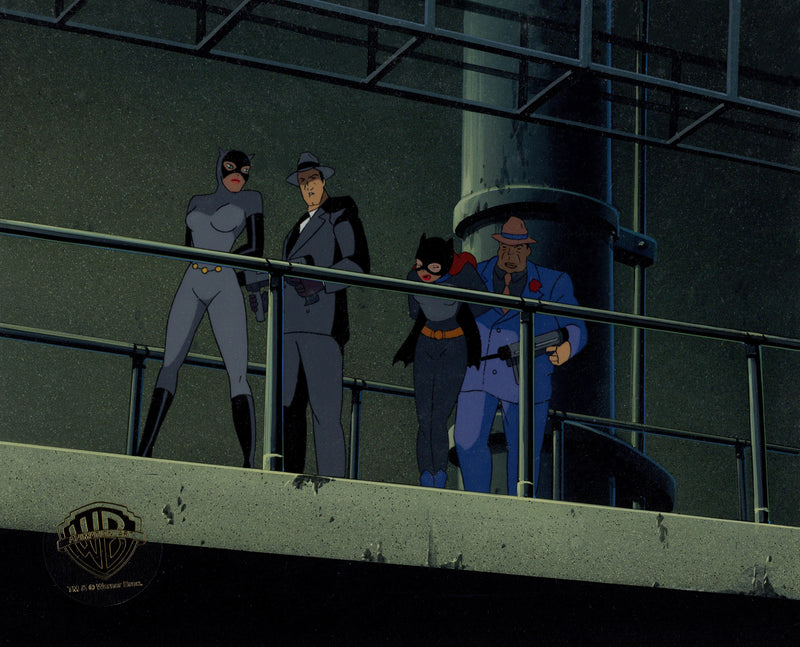 Batman The Animated Series Original Production Cel on Original Background: Batgirl, Catwoman, Thugs