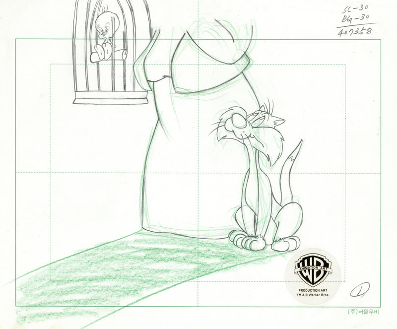 Sylvester and Tweety Mysteries Original Production Drawing: Tweety, Sylvester, Granny