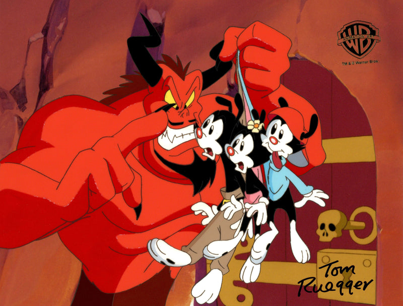 Animaniacs Original Production Cel with Matching Drawing Signed by Tom Ruegger: Yakko, Wakko, Dot, Satan