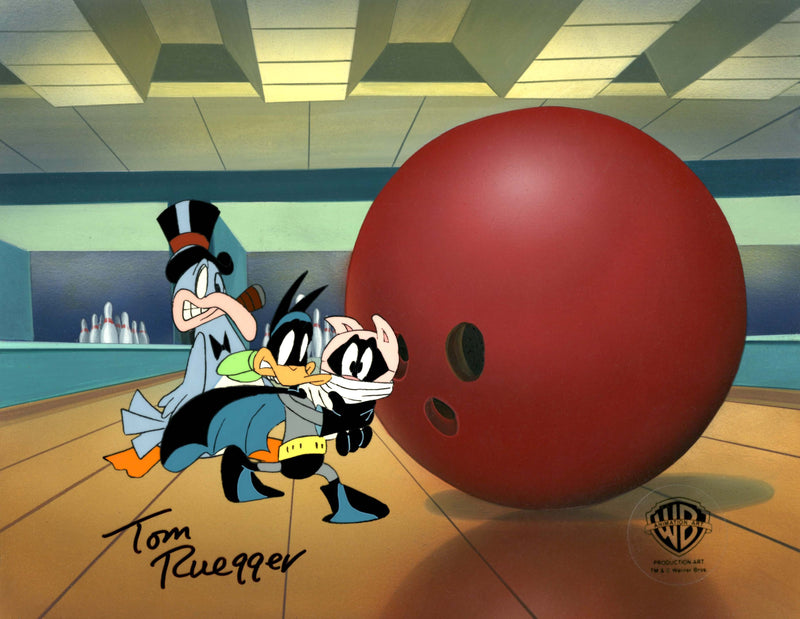 Tiny Toons Original Production Cel on Original Background Signed by Tom Ruegger: Batduck, Decoy, Puffin