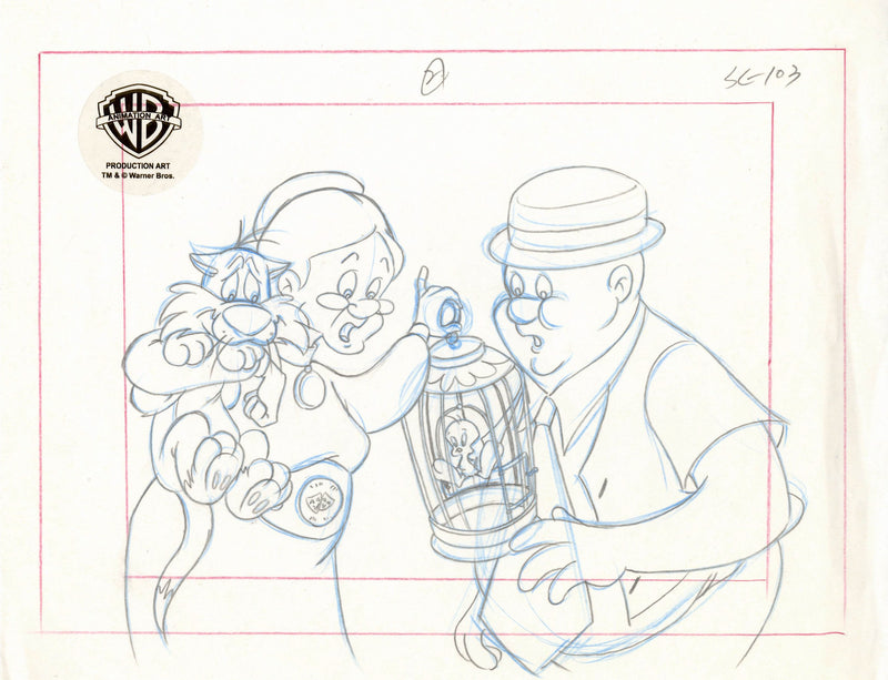 Sylvester and Tweety Mysteries Original Production Drawing: Sylvester, Tweety, Granny